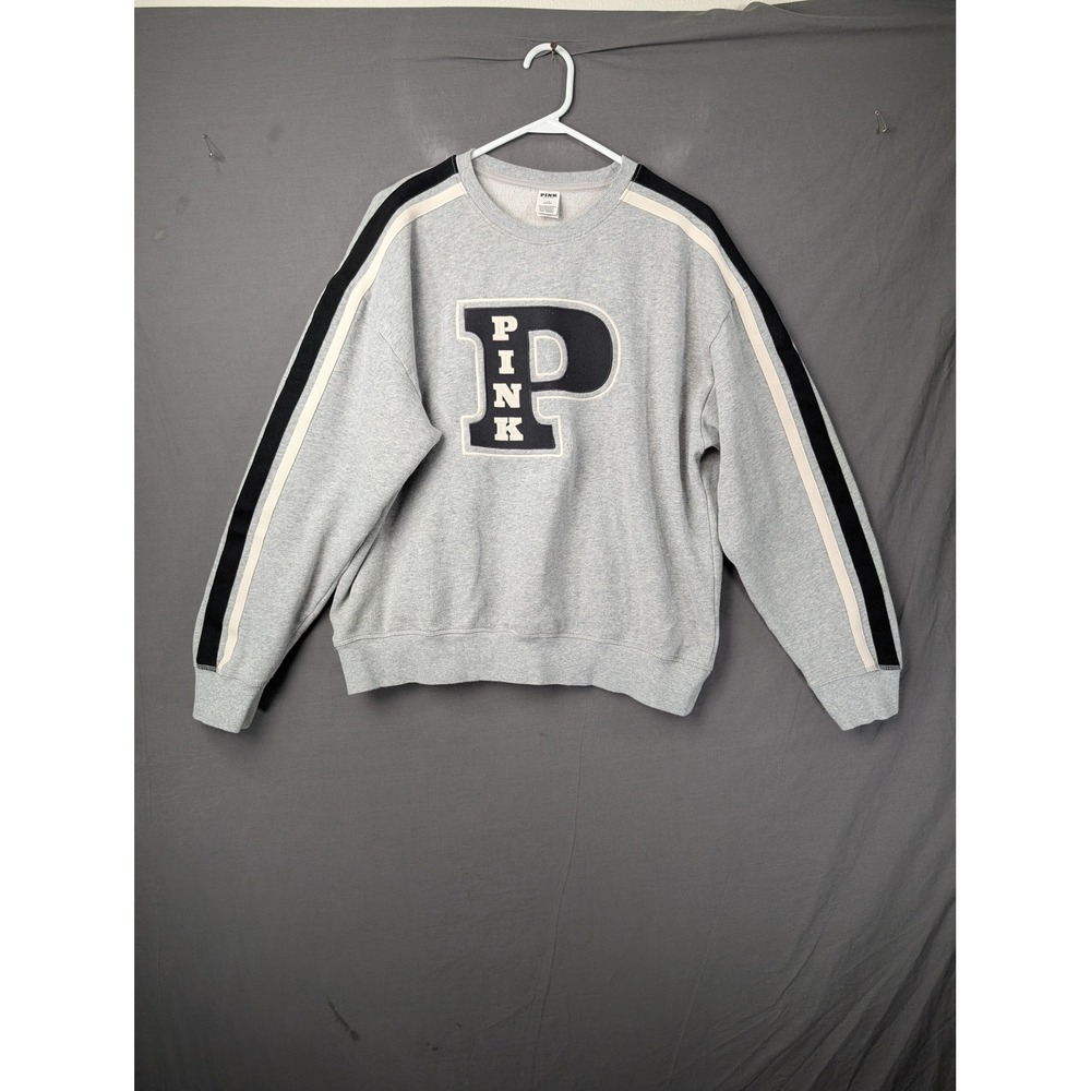 Victoria's Secret PINK Gray Varsity Crewneck Sweatshirt Large Chenille P Patch